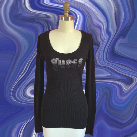 y2k Tops - 🌈4/$20🌈 Vintage Y2K Bling GUESS Sequin Embellished Logo Stretch Scoop Neck top
